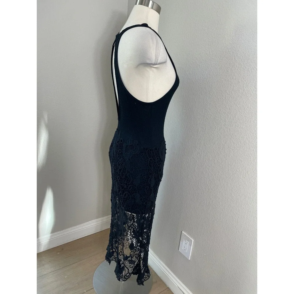 NEW Free People Medium Nora Tank Dress Black Knit Floral Lace Midi Festival Boho